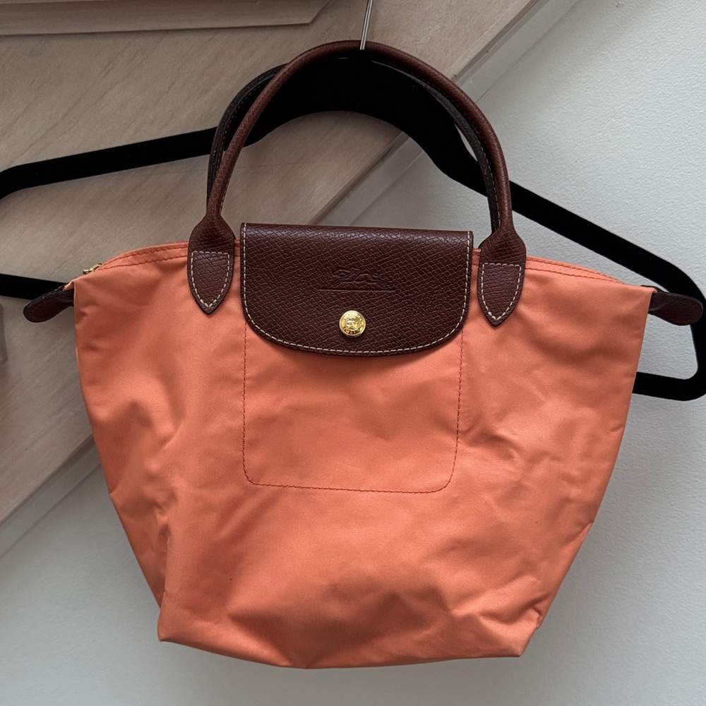 Longchamp Orange Small Tote with Brown Handles
